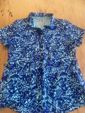 Asunder Armour Blue Floral Polo Top - Ladies Short Sleeve Shirt XL